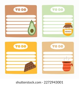 Set of cute scrapbook templates for planner (notes, to do, to buy and other) with illustrations about healthy breakfast. With printable, editable illustrations. For school and university schedule.