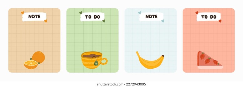 Set of cute scrapbook templates for planner (notes, to do, to buy and other) with illustrations about healthy breakfast. With printable, editable illustrations. For school and university schedule.