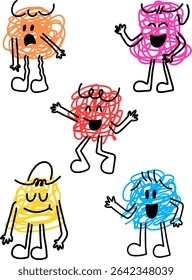 Conjunto de bonitos personagens de desenho animado Doodle Cartoon Monster. Engraçado colorido rabiscar criaturas com emoções diferentes. Ilustração de vetor desenhada à mão.