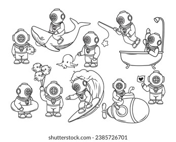 Set of cute scuba divers. Collection of kids scuba divers with a balloon, riding a whale, walking an octopus, on submarine. Underwat explorer. Vector illustration on white background.