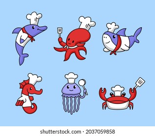 Set of cute sea animal in chef costumes