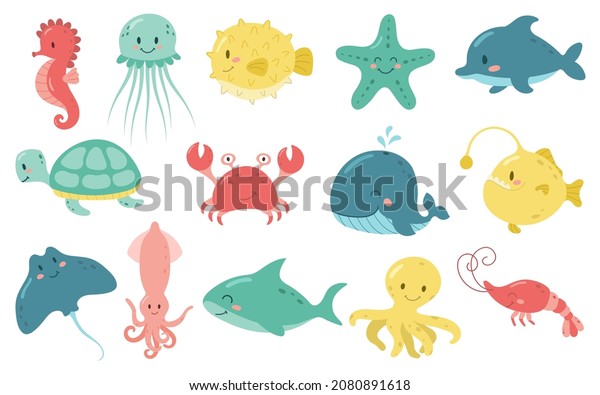 Set Cute Sea Animals Cartoon Ocean Stock Vector (Royalty Free ...