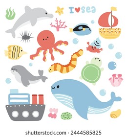 Set of cute sea animals character cartoon design.Ship and boat.Dolphin,octopus,turtle,sea,fish,shell hand drawn collection.Marine.Under the water.Kawaii.Vector.Illustration.