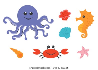 Set of cute sea animals. A collection of vector illustrations in cartoon style about underwater animals. Illustration of starfish, crab. octopus