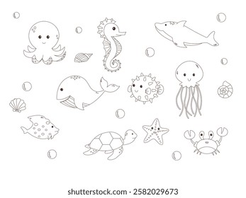 A set of cute sea animals in a coloring page style: octopus, dolphin, sea turtle, starfish, fish, and other ocean creatures. Black and white illustration for kids and creative projects.