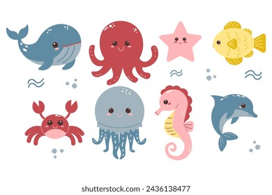 a set of cute sea animals. Different fish. Vector cartoon illustration. childrens cute animal set