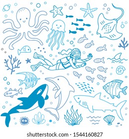 Set of cute sea animals and diver in doodle style