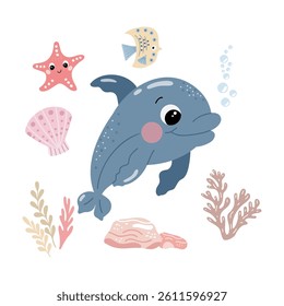Set of cute sea animals dolphin, starfish, algae. Hand drawn vector graphics on a white background. Ideal for posters in the nursery, for postcards, prints on pillows, bags, dishes