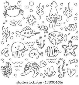 Set Of Cute Sea Animals In Doodle Style