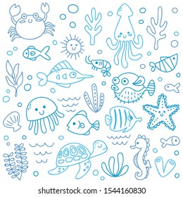 Set of cute sea animals in doodle style