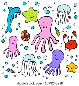 Set of cute sea animals doodle icons