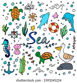 Set of cute sea animals doodle icons