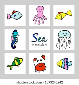 Set of cute sea animals doodle icons