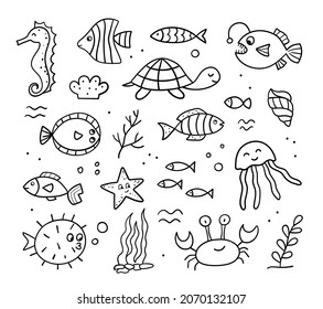 Set with cute sea animals. Doodle sketch. Ocean life. Vector linear illustration.