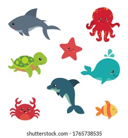 Set of cute sea animals. Set funny fauna of ocean cartoon vector illustration