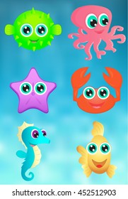 Set of cute sea animals game asset