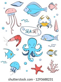 Set of cute Sea animals. 	
Hand drawing  illustration vector. Fish, octopus, crab, seashell, shrimp, jellyfish, coral,  water plants. Cartoon vector illustration on a white background