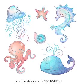 Set of cute sea animals octopus seahorse whale and jellyfish. Vector Watercolor.