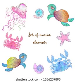 Set of cute sea animals octopus seahorse whale and jellyfish. Vector Watercolor.