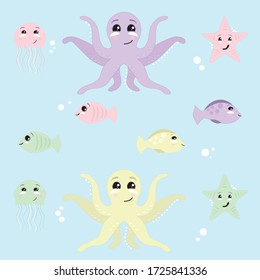 Reihe süßer Meerestiere - Tintenfische, Quallen, Seesterne und Fische - Vektorgrafik