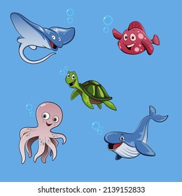 set of cute sea animals on blue background for children