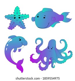 Set of cute sea animals. Series of marine animals in color on a white background. Collection of fish and sea animals. Cartoon gradient flat vector illustration.