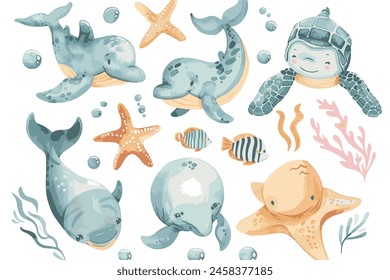 Conjunto de animales marinos lindos, un simple Clipart de acuarela, fondo blanco