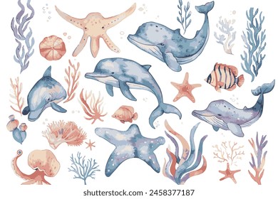 Set of cute sea animals, a simple watercolor clipart, white background