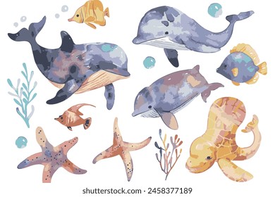 Set of cute sea animals, a simple watercolor clipart, white background