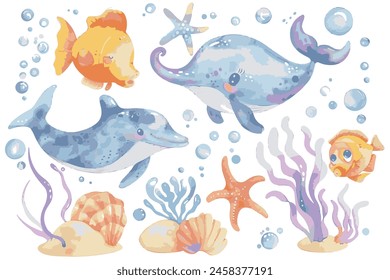 Set of cute sea animals, a simple watercolor clipart, white background