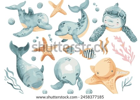 Set of cute sea animals, a simple watercolor clipart, white background