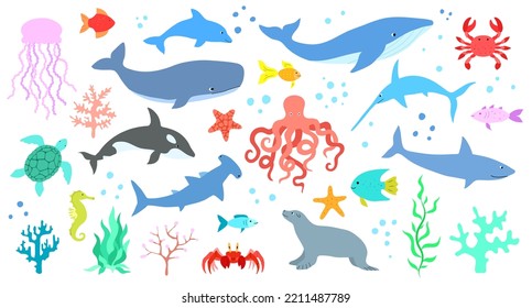 Set Cute Sea Animals Underwater Creatures Stock Vector (Royalty Free ...