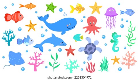 Set of cute sea animals and underwater creatures, ocean creatures in children's cartoon style smiles, whale and octopus, starfish, turtle and dolphin, jellyfish, coral, seahorse. Vector illustration