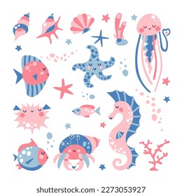 Conjunto de lindos animales marinos. Los animales de color rosa-azul submarino están durmiendo. Conjunto de vectores para el diseño de objetos para niños