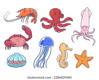 Set of cute sea animals. Vector illustration.