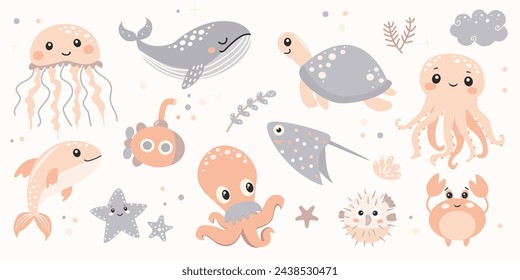 Conjunto de animales marinos lindos. Ilustración vectorial en un estilo plano.