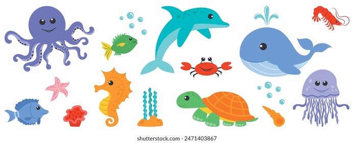 Conjunto de animales marinos lindos. Ilustración vectorial de un pulpo, ballena, conchas, corales y medusas dibujadas a mano en un estilo de dibujos animados. Ilustración de los niños, pegatinas, logotipo