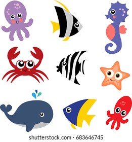 Set of Cute Sea  Creature Animal Icons