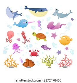 Set of cute sea creatures with bubbles and corals on white background