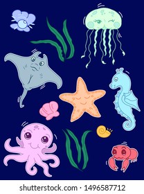 set of cute sea creatures, kawaii cartoon drawn ocean animals, baby editable vector illustration on dark background