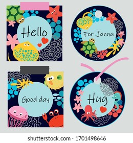 Set of cute sea creatures postcards and tags. Vector illustration. Bright simple cartoon style design with a place for your text or signature. 