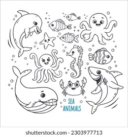 set of cute sea creatures and underwater animals, doodle. Whale, octopus,crab, fish,shark, dolphin in sketch style. Outline vector illustration