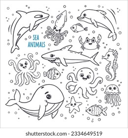 set of cute sea creatures and underwater animals, doodle. Whale, orca, octopus, crab, fish, shark, jellyfish, squid, dolphin in sketch style. Outline. Vector illustration
