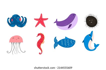 Set of cute sea creatures. Sea urchin, dolphin, starfish, seahorse, whale, jellyfish and fish. Vector illustration