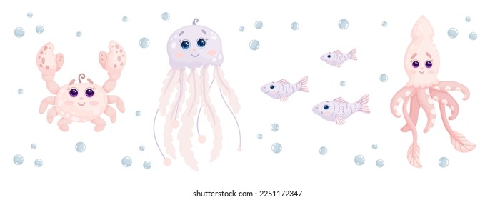 Set of cute sea creatures.Cartoon vector graphics.