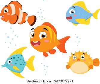 Conjunto de lindas colecciones de dibujos animados de peces de mar, aislado en blanco 