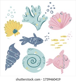 Set with cute sea fish and creatures. Cartoon illustration with underwater animals. Summer, beach and sea elements.