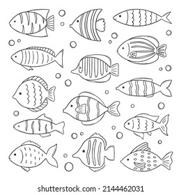 Set of cute sea fish doodle. Underwater world in sketch style. Hand drawn vector illustration isolated on white background.