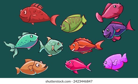 set of cute sea fish vector designs, illustrations of types of underwater world fish. perfect for printing on stickers, or design elements