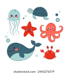 Set of cute sea inhabitants. Ocean animals in kawaii style. Jellyfish, octopus, whale, crab, turtle, starfish. Cute underwater animals, funny marine creatures